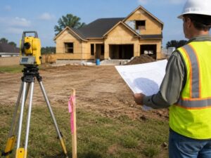 Surveyor reviewing property plans and boundary measurements at a residential construction site during survey work