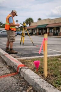 Land surveyor marking property boundaries at a commercial redevelopment site for an ALTA survey