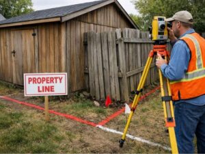 Fence survey showing a surveyor verifying residential property lines before fence installation near a backyard boundary