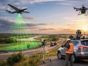 LiDAR mapping drone and aerial survey system scanning tree-covered land and terrain for detailed ground data collection