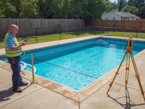 Land surveyor using survey equipment beside a completed backyard pool during an as-built survey for final permit measurements