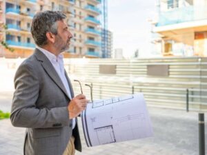 Developer reviewing commercial property redevelopment plans before an ALTA survey