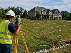 Topographic survey showing contour lines and elevation changes for landscaping and grading planning near a residential property