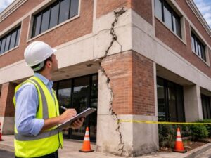 Construction worker in a hard hat and neon vest inspecting a large crack in a brick building corner, with caution tape and orange traffic cones nearby.
