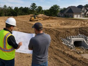 Land surveyor using a total station to verify boundaries and staking before combining two adjacent residential properties.