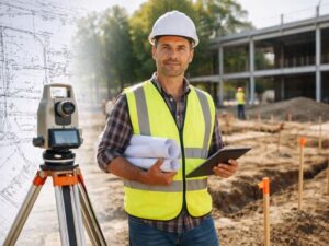 Construction surveyor using surveying equipment to verify foundation layout and building location before construction begins