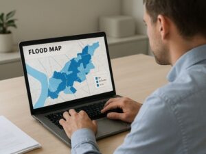Man typing on a laptop displaying a flood map with blue shaded regions and a legend on screen: FLOOD MAP on the page.