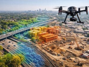 Drone LiDAR mapping showing elevation data and flood risk analysis across a large development site and surrounding infrastructure