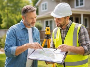 Residential land surveyor reviewing property plans with a homeowner before submitting a permit application