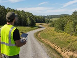 Land surveyor performing an aerial survey of a private access road in Hollywood, FL before paving, drainage improvements, and roadway upgrades.