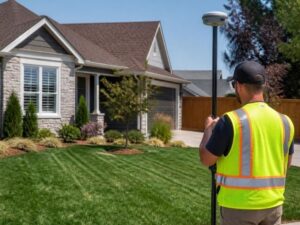 Land surveyor performing a closing survey at a residential property in Hollywood, FL to verify boundaries, easements, and final property details before closing.