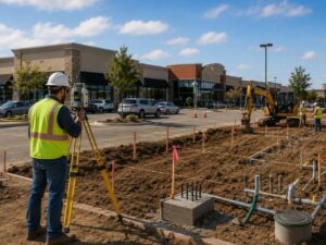 Construction surveyor staking a retail expansion layout at an active shopping center in Hollywood, FL, with crews working around existing parking, utilities, and businesses during construction.
