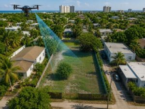 Drone land surveying captures aerial imagery and elevation data to support rear lot access planning on an infill redevelopment property in Hollywood, FL.
