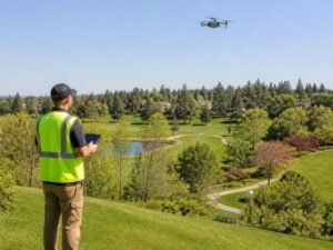 Land surveyor performing a drone survey over a large property in Hollywood, FL to support landscape planning, grading, and site design.