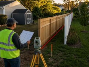 Land surveyor inspecting a residential property boundary in Hollywood, Florida, where a fence and shed appear to encroach across the surveyed property line between neighboring properties.