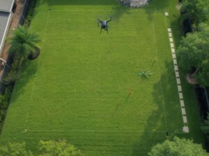 Drone hovering over a large rectangular grassy yard with boundary markers and orange stakes, palm tree left, paved path right, surrounded by trees.