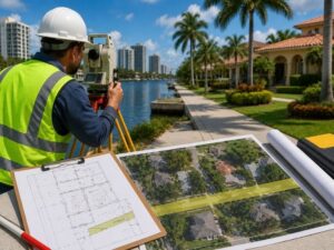 Land surveyor preparing easement planning documents by mapping property boundaries and access areas at a residential site in Hollywood, FL.