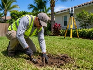Licensed land surveyor uncovering a missing property corner marker in a residential yard in Hollywood, Florida.