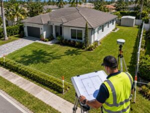 Surveyor in a neon vest uses a tripod-mounted instrument to map a suburban home's lot.