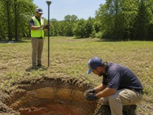 Land surveyor and soil technician performing a perc test on a vacant residential lot in Hollywood, FL before septic system design and home construction.