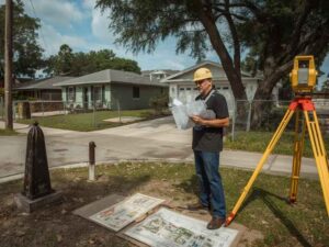 Licensed land surveyor reviewing historical property deeds and subdivision maps beside a property monument while using surveying equipment to verify boundary lines in Hollywood, Florida.