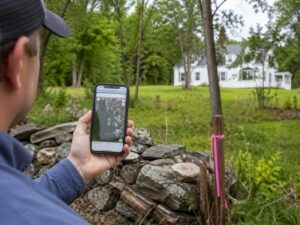 Licensed land surveyor comparing GPS property app data with boundary markers near a residential property