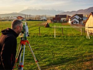 Licensed land surveyor using surveying equipment to locate property boundaries on an older parcel, where additional research and fieldwork can increase boundary survey costs.