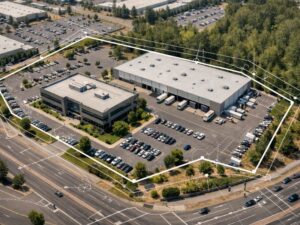 Aerial view of a commercial property with survey boundary lines and easement corridors identified during a commercial survey