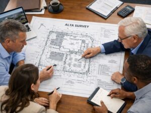 Four professionals study a large ALTA survey blueprint spread on a wooden table with laptops and notebooks nearby.