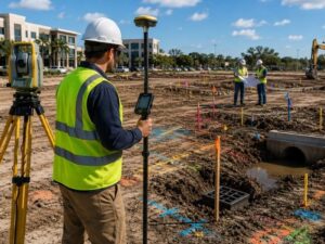 Construction worker in a hard hat and high-vis vest uses a surveying device on a dirt site with marked stakes and equipment nearby.