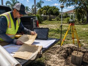 Licensed land surveyor in Hollywood, Florida reviewing historic property records and verifying a boundary monument before certifying a property survey.