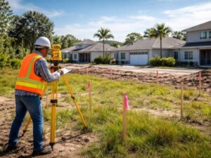 Construction worker in safety vest and hard hat using a surveying tripod on a residential lot near houses.