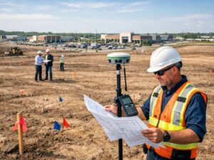 Professional land surveyor reviewing plans and survey records while using GPS equipment on a commercial development site.
