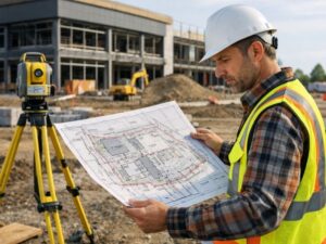 Surveyor reviewing a commercial property survey to identify boundary lines, easements, setbacks, and development constraints before construction