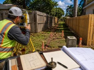 Licensed land surveyor marking property boundaries before fence replacement to ensure accurate fence placement and prevent neighbor disputes.
