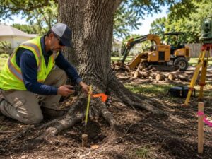 Licensed land surveyor in Hollywood, Florida documenting a property monument beside a mature tree before tree removal to preserve boundary evidence.