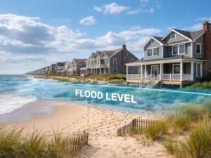 Flood level shown near coastal homes where an updated elevation certificate may be needed