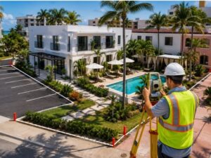 ALTA survey of a boutique hotel showing outdoor amenities, parking areas, walkways, and property boundaries in Hollywood, FL.