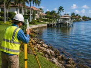 Surveyor measuring shoreline boundaries for waterfront property survey research in Hollywood FL