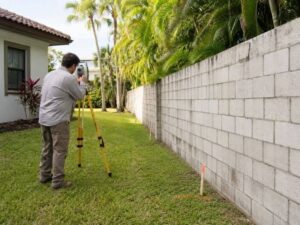Land surveyor marking property lines beside a masonry privacy wall in a Hollywood Florida residential yard.