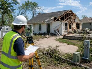 Land surveying before rebuilding a home after storm damage in Hollywood, Florida