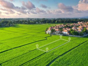 Aerial view showing property boundaries and mapped parcels for a property survey with multiple easements in Hollywood FL